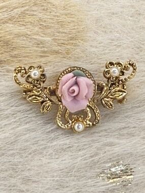 Vintage Victorian Rose Brooch Floral Filigree Arch Seed Pearl Feminine Pink